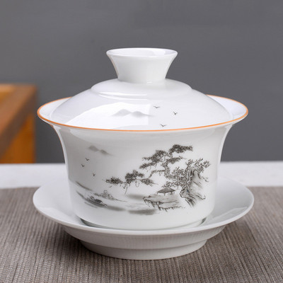 Ķīniešu roku darbs, balts porcelāns Gaiwan, rokām apgleznoti ziedi, tējas trauks, sadzīves keramikas tējas trauki, dzēriena trauki, personīgais kauss 230 ml