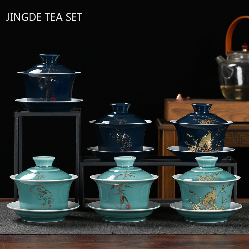 Ķīniešu roku darbs, balts porcelāns Gaiwan, rokām apgleznoti ziedi, tējas trauks, sadzīves keramikas tējas trauki, dzēriena trauki, personīgais kauss 230 ml