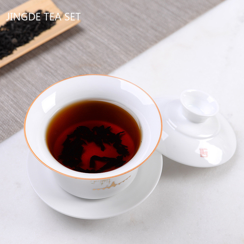 Ķīniešu roku darbs, balts porcelāns Gaiwan, rokām apgleznoti ziedi, tējas trauks, sadzīves keramikas tējas trauki, dzēriena trauki, personīgais kauss 230 ml