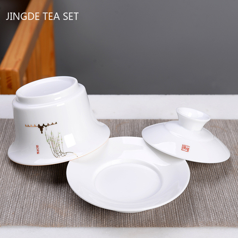 Ķīniešu roku darbs, balts porcelāns Gaiwan, rokām apgleznoti ziedi, tējas trauks, sadzīves keramikas tējas trauki, dzēriena trauki, personīgais kauss 230 ml