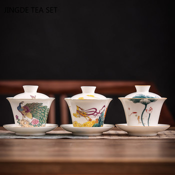 Suet Jade White Porcelain Gaiwan Ръчно рисуван Lotus Pattern Чаша Чаша за пътуване Купа за чай Китайски керамични прибори за чай 180 ml
