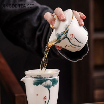 Suet Jade White Porcelain Gaiwan Ръчно рисуван Lotus Pattern Чаша Чаша за пътуване Купа за чай Китайски керамични прибори за чай 180 ml