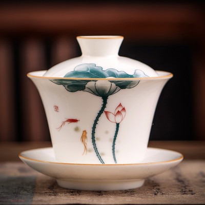 Σουέτ Jade Λευκή Πορσελάνη Gaiwan Χειροποίητη Ζωγραφισμένη Lotus Φλυτζάνι τσαγιού Ταξίδι Τσάι Μπολ Κινέζικα κεραμικά σκεύη τσαγιού Ποτό 180ml