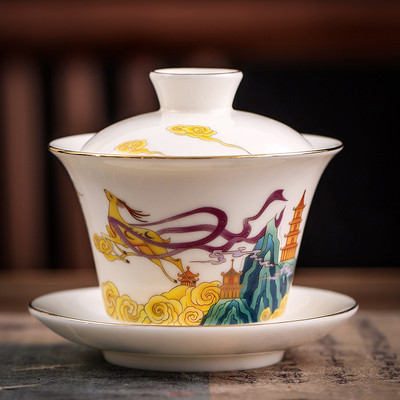 Σουέτ Jade Λευκή Πορσελάνη Gaiwan Χειροποίητη Ζωγραφισμένη Lotus Φλυτζάνι τσαγιού Ταξίδι Τσάι Μπολ Κινέζικα κεραμικά σκεύη τσαγιού Ποτό 180ml