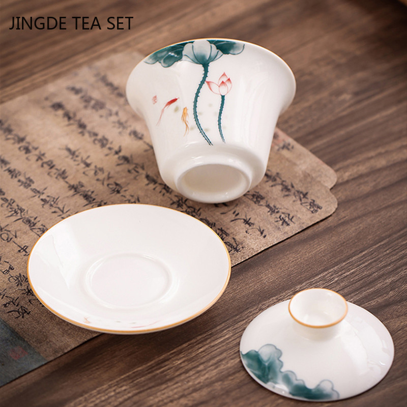 Σουέτ Jade Λευκή Πορσελάνη Gaiwan Χειροποίητη Ζωγραφισμένη Lotus Φλυτζάνι τσαγιού Ταξίδι Τσάι Μπολ Κινέζικα κεραμικά σκεύη τσαγιού Ποτό 180ml