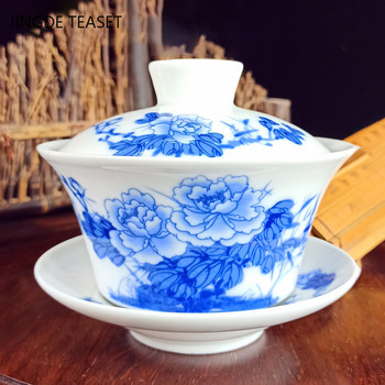 Jingdezhen Ceramic Gaiwan Flower Pattern Чаша за чай Ръчно изработен чай супник Китайски бял порцелан Сервиз за чай Аксесоари Чаена церемония