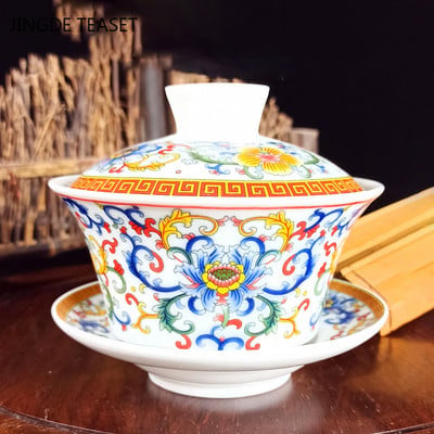 Jingdezhen ceramică Gaiwan cu model de flori ceașcă de ceai lucrată manual, porțelan alb chinezesc Set de ceai Accesorii Ceremonia ceaiului