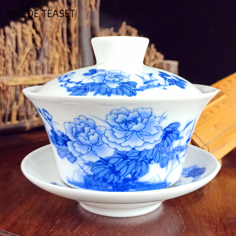 Jingdezhen Ceramic Gaiwan Ziedu raksts Tējas tase Ar rokām gatavota tēja ķīniešu baltā porcelāna tējas komplekts Aksesuāri Tējas ceremonija