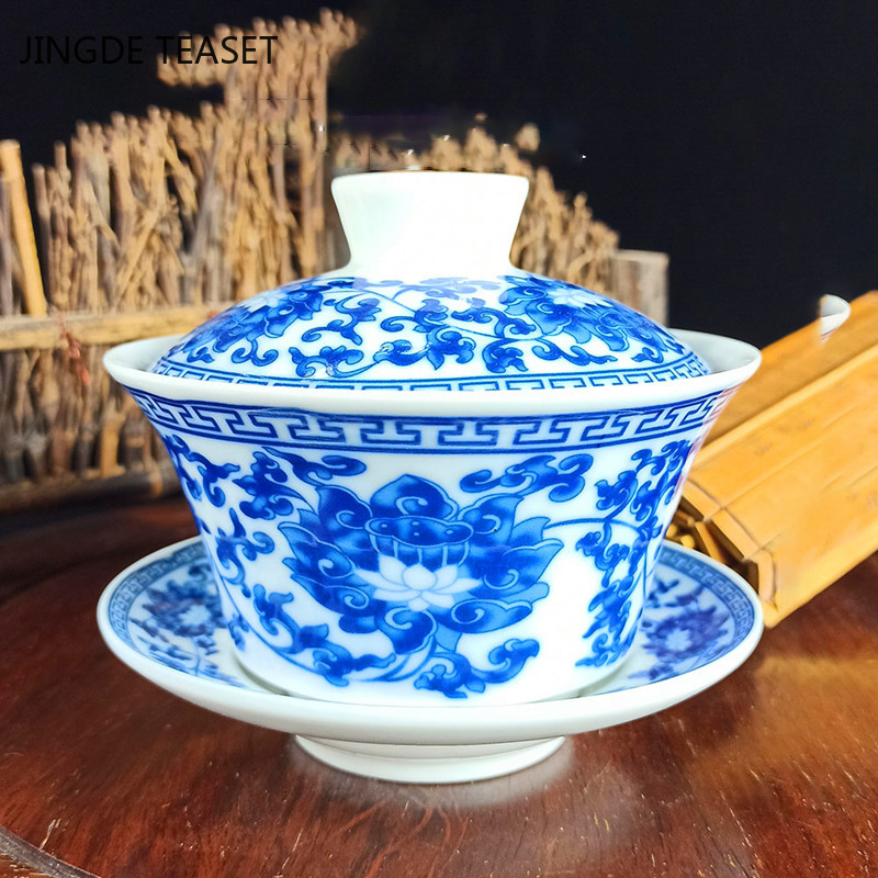 Jingdezhen Ceramic Gaiwan Ziedu raksts Tējas tase Ar rokām gatavota tēja ķīniešu baltā porcelāna tējas komplekts Aksesuāri Tējas ceremonija