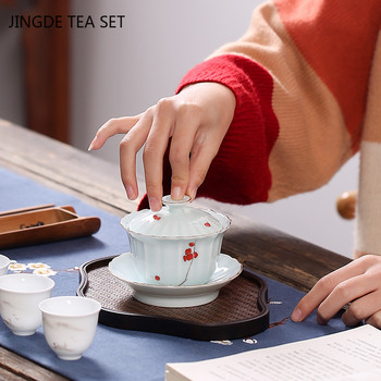Китайски ръчно рисуван модел на лотос, керамична чаша за чай Gaiwan, ръчно изработена купа за чай, домашни порцеланови принадлежности за чай, съдове за пиене, 210 ml