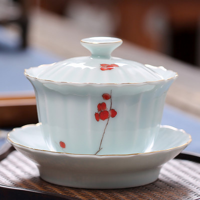 Ķīniešu rokām apgleznotas lotosa raksta keramikas Gaiwan tējas krūze ar rokām gatavota tējas bļoda Mājas porcelāna tējas trauki Aksesuāri Dzērienu trauki 210ml