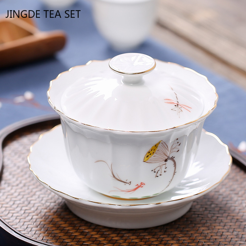 Ķīniešu rokām apgleznotas lotosa raksta keramikas Gaiwan tējas krūze ar rokām gatavota tējas bļoda Mājas porcelāna tējas trauki Aksesuāri Dzērienu trauki 210ml