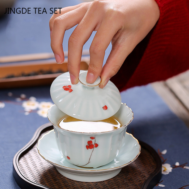 Ķīniešu rokām apgleznotas lotosa raksta keramikas Gaiwan tējas krūze ar rokām gatavota tējas bļoda Mājas porcelāna tējas trauki Aksesuāri Dzērienu trauki 210ml