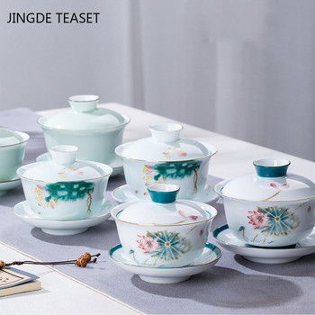 Китайска синьо-бяла порцеланова купа с капак Чаша за чай ръчно изработена керамична супница за чай Купа Чаена церемония Аксесоари за пътуване Съдове за напитки