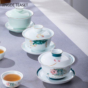 Китайска синьо-бяла порцеланова купа с капак Чаша за чай ръчно изработена керамична супница за чай Купа Чаена церемония Аксесоари за пътуване Съдове за напитки