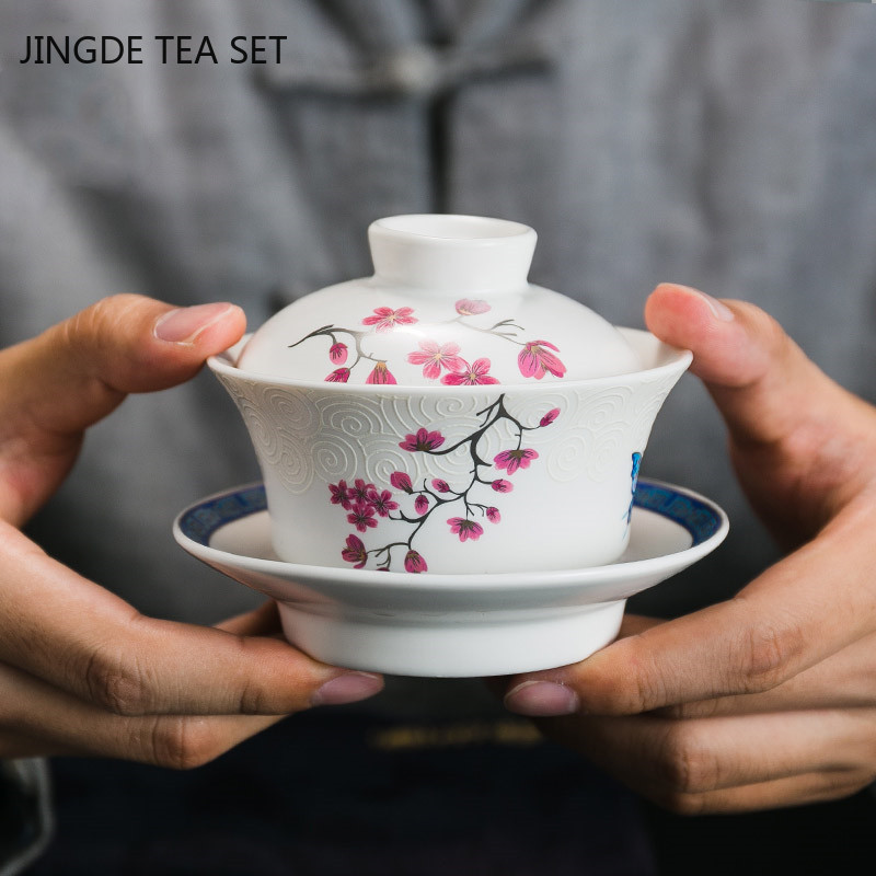 Ķīniešu roku darbs keramikas Gaiwan tējas krūze ar rokām apgleznota ziedu raksta tēja Tureen mājsaimniecības tējas trauki ceļojumu personīgā krūze 120 ml
