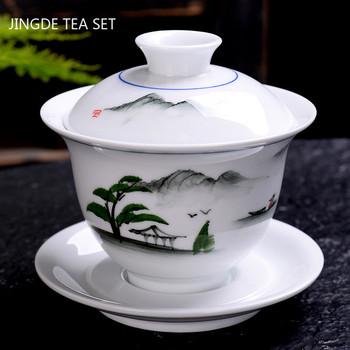 Ръчно рисувана керамична супница за чай Китайски преносим чайник Three-cai Gaiwan Домашен бял порцеланов сервиз за чай с капак Чаша за чай 200 ml