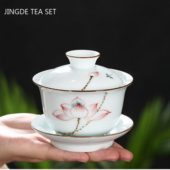 Χειροποίητο Κεραμικό Τσάι Tureen κινέζικη φορητή συσκευή τσαγιού Three-cai Gaiwan Home White Porcelain Tea Set with cover 200ml
