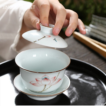Ръчно рисувана керамична супница за чай Китайски преносим чайник Three-cai Gaiwan Домашен бял порцеланов сервиз за чай с капак Чаша за чай 200 ml