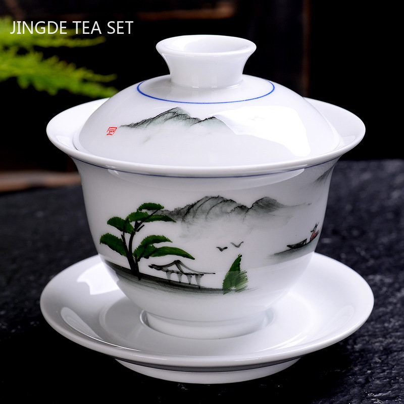 Kézzel festett kerámia tea tureen kínai hordozható teafőző három cai Gaiwan otthoni fehér porcelán teáskészlet fedővel teáscsésze 200 ml