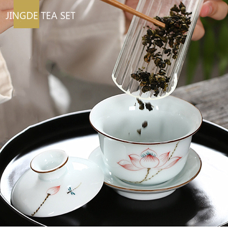 Kézzel festett kerámia tea tureen kínai hordozható teafőző három cai Gaiwan otthoni fehér porcelán teáskészlet fedővel teáscsésze 200 ml