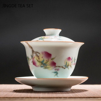 Изящна емайлирана керамична чаша за чай Gaiwan, ръчно рисувани цветя и шарки на птици, купа за чай, китайски порцелан, съдове за чай, 170 ml