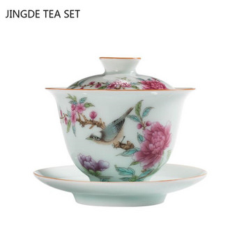 Изящна емайлирана керамична чаша за чай Gaiwan, ръчно рисувани цветя и шарки на птици, купа за чай, китайски порцелан, съдове за чай, 170 ml