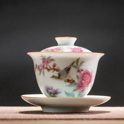 Finom zománcozott kerámia Gaiwan teáscsésze kézzel festett virágok és madarak mintás teástál kínai porcelán teás edény 170 ml