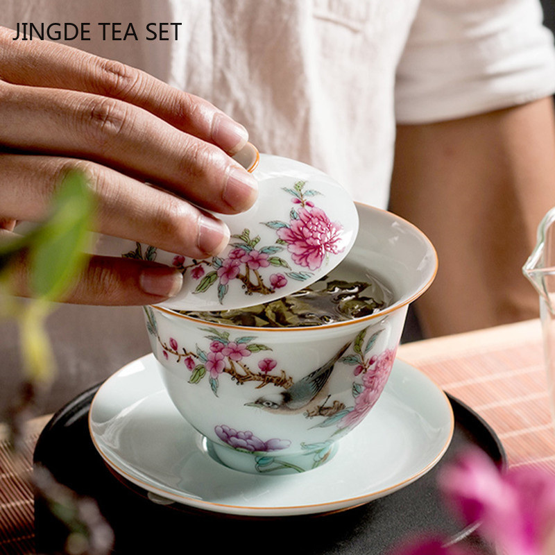 Finom zománcozott kerámia Gaiwan teáscsésze kézzel festett virágok és madarak mintás teástál kínai porcelán teás edény 170 ml