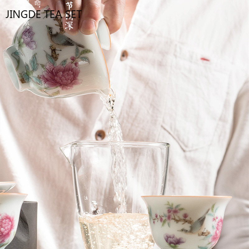 Finom zománcozott kerámia Gaiwan teáscsésze kézzel festett virágok és madarak mintás teástál kínai porcelán teás edény 170 ml