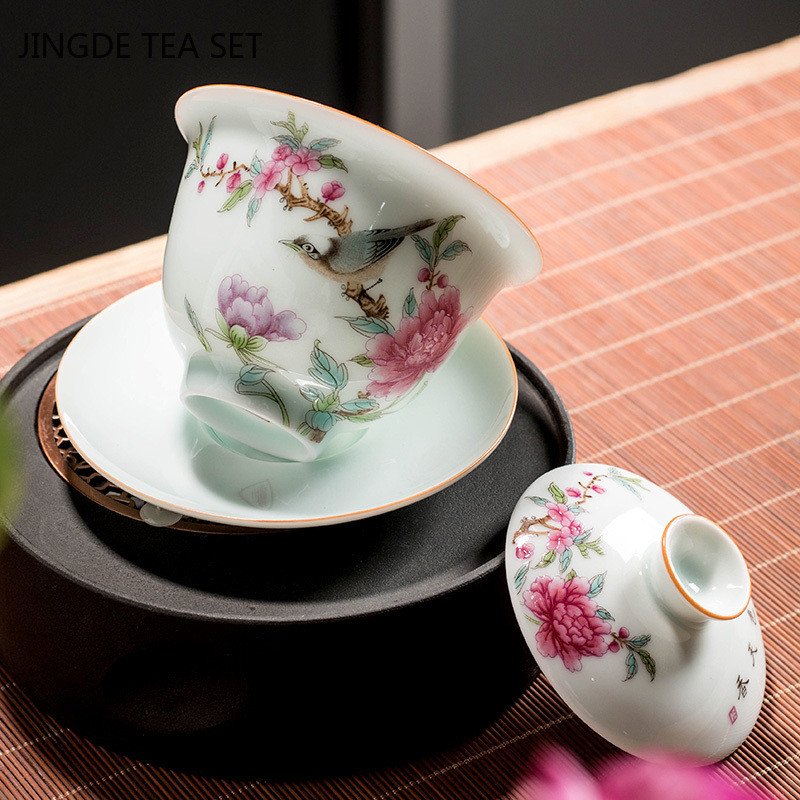 Finom zománcozott kerámia Gaiwan teáscsésze kézzel festett virágok és madarak mintás teástál kínai porcelán teás edény 170 ml