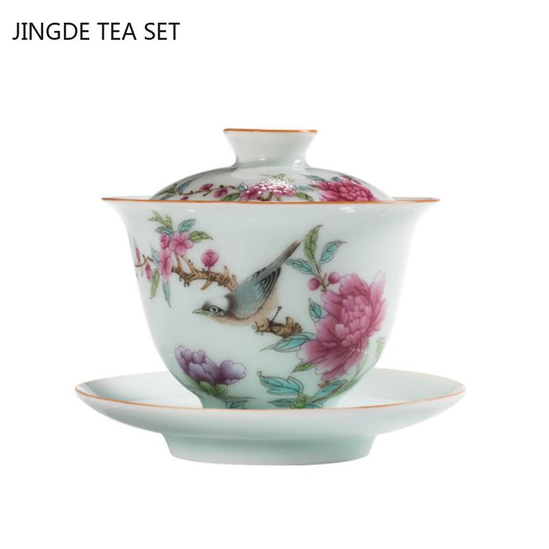 Finom zománcozott kerámia Gaiwan teáscsésze kézzel festett virágok és madarak mintás teástál kínai porcelán teás edény 170 ml