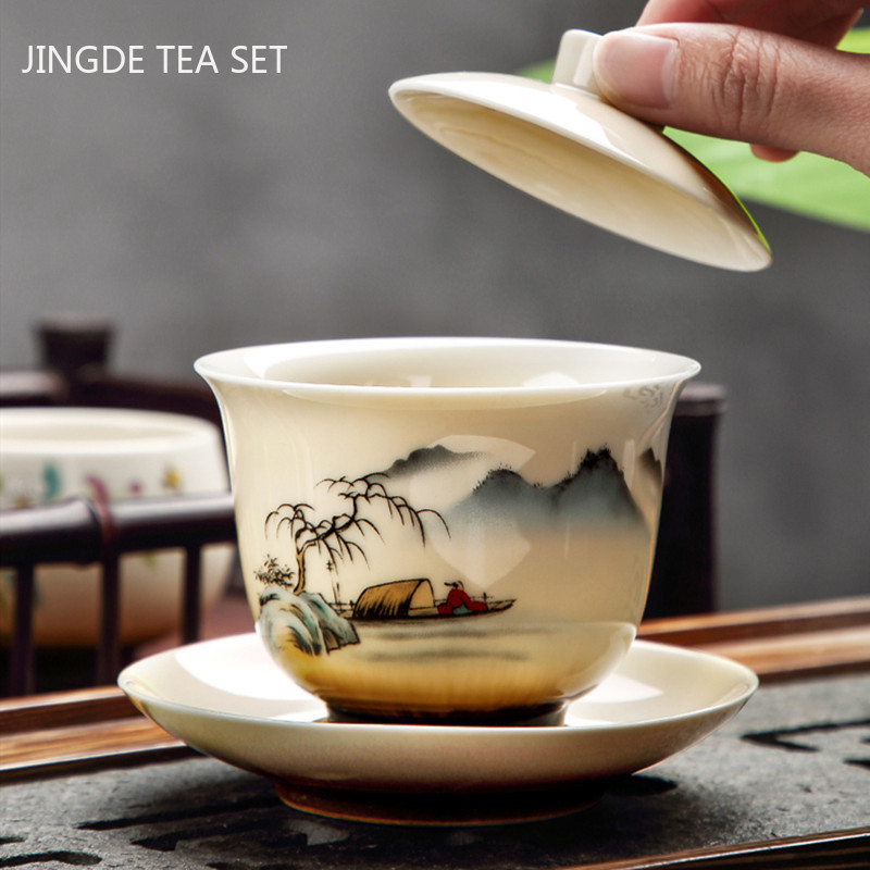 Ķīniešu stila rokām gatavota vāka bļoda, pielāgota keramika Gaiwan tējas krūze pārnēsājams tējas komplekts mājas biroja tējas trauks, dzēriens 170 ml