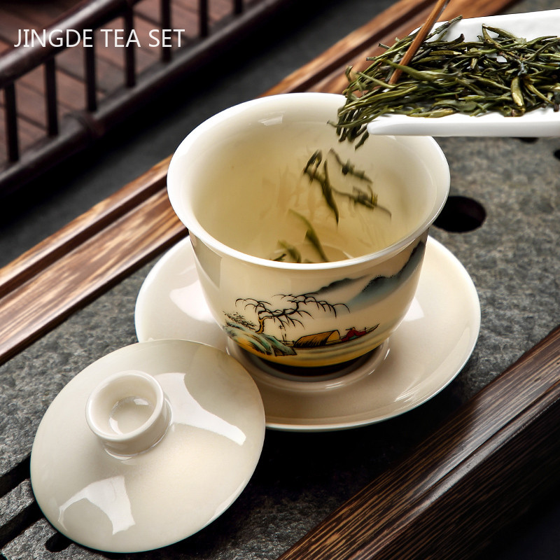 Ķīniešu stila rokām gatavota vāka bļoda, pielāgota keramika Gaiwan tējas krūze pārnēsājams tējas komplekts mājas biroja tējas trauks, dzēriens 170 ml