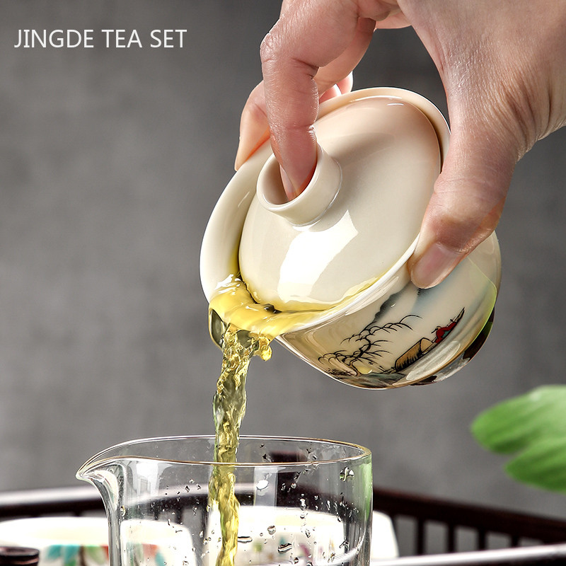 Ķīniešu stila rokām gatavota vāka bļoda, pielāgota keramika Gaiwan tējas krūze pārnēsājams tējas komplekts mājas biroja tējas trauks, dzēriens 170 ml
