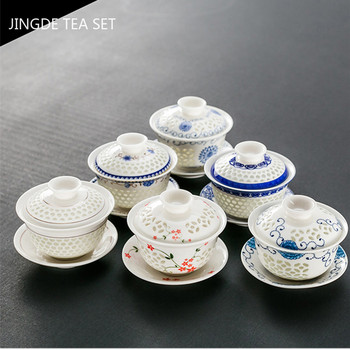 Jingdezhen Lotus керамична чаша за чай Gaiwan Ръчно рисувана супница за чай Китайски ретро сервиз за чай Аксесоари Чаена церемония Съдове за напитки 110 ml