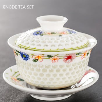 Jingdezhen Lotus керамична чаша за чай Gaiwan Ръчно рисувана супница за чай Китайски ретро сервиз за чай Аксесоари Чаена церемония Съдове за напитки 110 ml