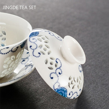 Jingdezhen Lotus керамична чаша за чай Gaiwan Ръчно рисувана супница за чай Китайски ретро сервиз за чай Аксесоари Чаена церемония Съдове за напитки 110 ml