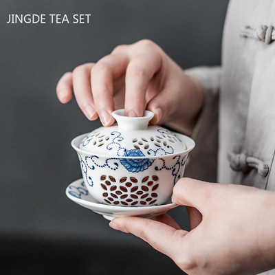 Jingdezhen Lotus керамична чаша за чай Gaiwan Ръчно рисувана супница за чай Китайски ретро сервиз за чай Аксесоари Чаена церемония Съдове за напитки 110 ml