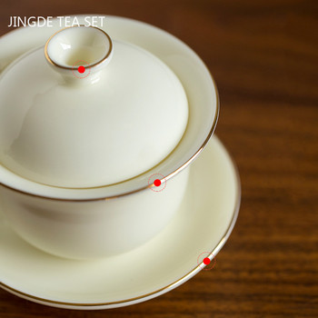 Ръчно изработен чайник от бял порцелан Домакински аксесоари за чайна церемония Sancai Gaiwan Бутикова керамична купа за чай с капак Чаша за чай