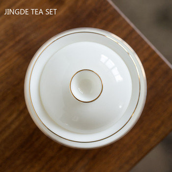 Ръчно изработен чайник от бял порцелан Домакински аксесоари за чайна церемония Sancai Gaiwan Бутикова керамична купа за чай с капак Чаша за чай