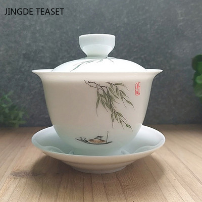 Dehua Ceramic Tea Gaiwan Tējas krūze Roku darbs Liela Tējas tējkanna Ķīniešu baltā porcelāna tējas bļoda Tējas komplekts Aksesuāri Master cup 200ml