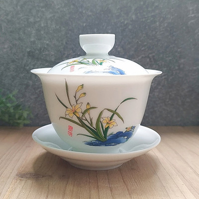 Dehua Ceramic Tea Gaiwan Tējas krūze Roku darbs Liela Tējas tējkanna Ķīniešu baltā porcelāna tējas bļoda Tējas komplekts Aksesuāri Master cup 200ml