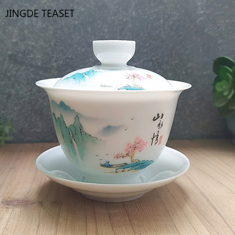 Dehua Ceramic Tea Gaiwan Tējas krūze Roku darbs Liela Tējas tējkanna Ķīniešu baltā porcelāna tējas bļoda Tējas komplekts Aksesuāri Master cup 200ml