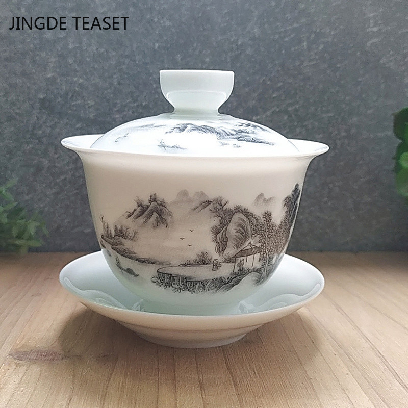 Dehua Ceramic Tea Gaiwan Tējas krūze Roku darbs Liela Tējas tējkanna Ķīniešu baltā porcelāna tējas bļoda Tējas komplekts Aksesuāri Master cup 200ml