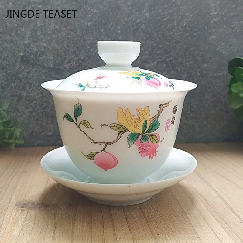 Dehua Ceramic Tea Gaiwan Tējas krūze Roku darbs Liela Tējas tējkanna Ķīniešu baltā porcelāna tējas bļoda Tējas komplekts Aksesuāri Master cup 200ml