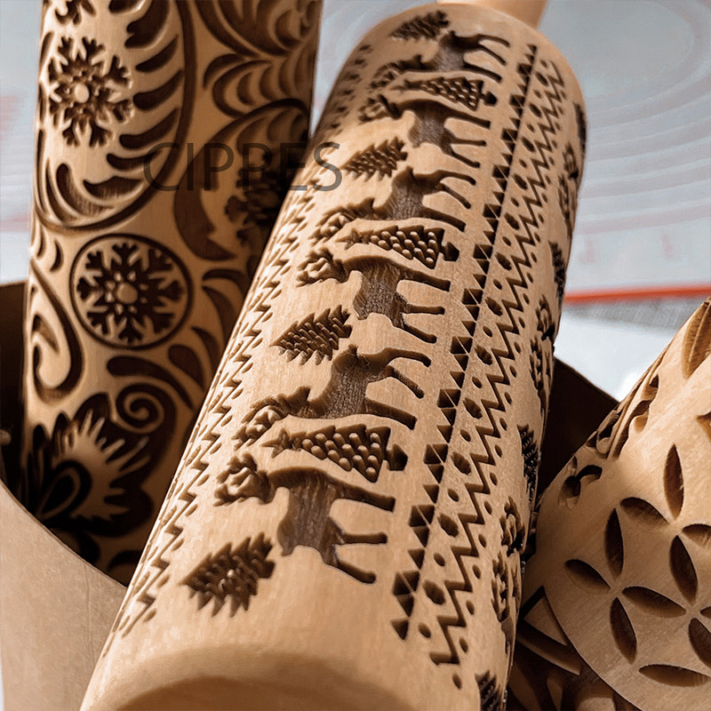 Reljefs Rotning Pins Ziemassvētkiem 3D raksts Zieds Sniegpārsla rotangpalma Koka Cepumu Veidne Lāzergravēts DIY Cepšanas rīki 2021