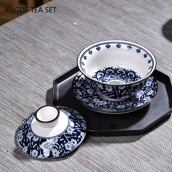 Ретро ръчно изработен синьо-бял порцелан Gaiwan Китайска керамична купа за чай Домакински прибори за чай Съдове за напитки Преносима лична чаша 190 ml