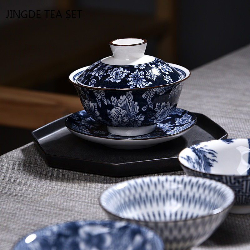 Retro roku darbs zilā un baltā porcelāna Gaiwan ķīniešu keramikas tējas trauks mājsaimniecības tējas trauki dzēriena pārnēsājams personīgais krūze 190 ml