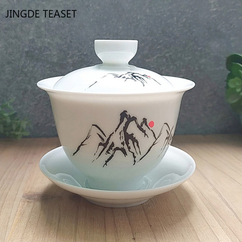 Dehua Ceramic Tea Gaiwan Tējas krūze Ar rokām gatavota tēja ķīniešu retro tējas komplekts Aksesuāri Tējas ceremonija Dzērieni Master cup 180ml